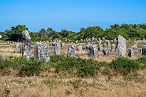 Stones Prints: Ancient stone structures stand in a field under a clear blue sky in France with lush greenery nearby