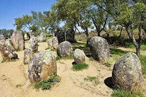 Alentejo Prints: Ancient stones stand in a line under blue sky at Cromlech of the Almendres near Evora in Portugal