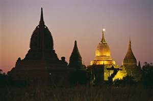 Spot Light Prints: Ancient temples and pagodas at dusk, Bagan (Pagan), Myanmar (Burma), Asia