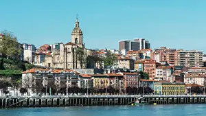 Basilicas Prints: Andra Maria Basilika next to the River Nervion promenade in Portugalete