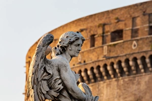 Male Representation Prints: Angel statue on Ponte Sant Angelo with Castel Sant Angelo, Rome, Lazio, Italy, Europe