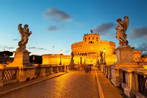 Male Representation Prints: Angel statues on Ponte Sant Angelo bridge with Castel Sant Angelo at dusk