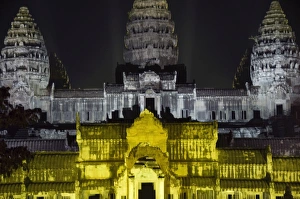 Angkor Wat Temple, UNESCO World Heritage Site, at night, lit for a special light show Angkor Wat Temple, UNESCO World Heritage Site, at night, lit for a special light show