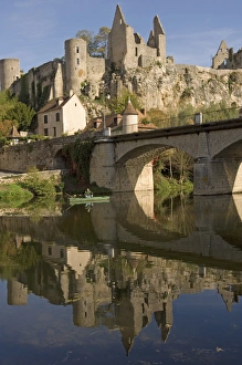 Wonderful Prints: An angler on the Anglin river, with the medieval castle built between the 11th