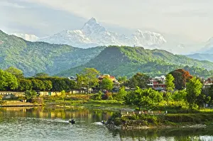 Annapurna Himal, Machapuchare and Phewa Tal seen from Pokhara, Gandaki Zone, Western Region, Nepal, Himalayas, Asia