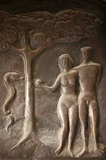 Depiction Prints: Annunciation Basilica door sculpture depicting Adam and Eve, Nazareth, Galilee, Israel