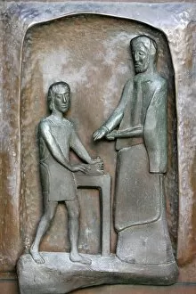 Images Dated 20th May 2000: Annunciation Basilica door sculpture of Jesus and Joseph, Nazareth, Galilee