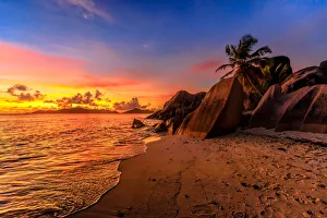 Tropical Climate Prints: Anse Source d Argent Beach at sunset, La Digue, Seychelles, Indian Ocean, Africa