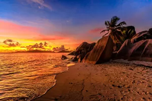 Rippled Gallery: Anse Source d Argent Beach at sunset, La Digue, Seychelles, Indian Ocean, Africa