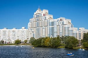 Minsk Prints: Apartment buildings along the Svislach River, Minsk, Belarus, Europe