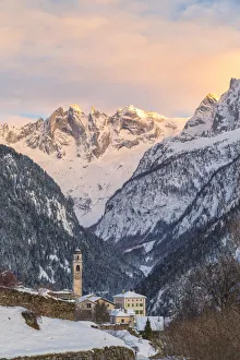 Winter Scene Prints: Apine village of Soglio at sunset, Bregaglia Valley, Maloja Region, Canton of Graubunden