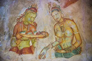 Apsara Frescoes on Mirror Wall at Sigiriya Rock Fortress, UNESCO World Heritage Site, Sri Lanka, Asia