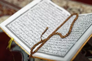 Closeup View Gallery: Arabic Holy Quran (Koran) with prayer beads (tasbih), Jamiul Islamiyah Mosque