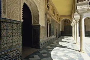Seville Prints: Arcade of the Patio Principal showing Mudejar carving and tilework