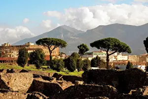Preserved Prints: The archaeological ruins of Pompeii with Mount Vesuvius in the background