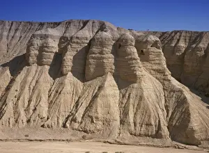 Rock Cliffs Prints: Archaeological site of Qumran where Dead Sea scrolls discovered in caves in cliffs