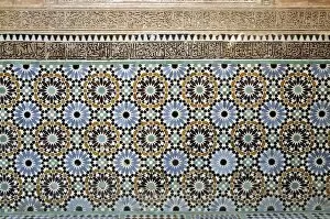 Architectural detail of traditional zelliges and frieze, Marrakesh, Morocco, North Africa, Africa