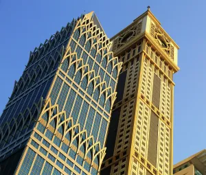 Dubai Prints: Architecture in central Dubai shows modern and classic styles in the skyline of UAE during daylight