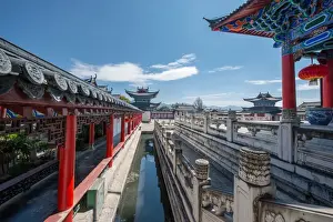 Balustrade Prints: Architecture with colourful wood carvings and white marble balustrades at Mufu Wood Mansion (Mu Residence) in Lijiang
