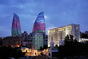 Nightlife Prints: Architecture including the iconic Flame Towers in central Baku, Azerbaijan