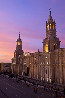 Arequipa Prints: Arequipa Cathedral at sunset on Plaza de Armas