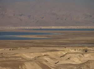 Arid canyons, the Dead Sea and mountains in the background, Israel, Middle East