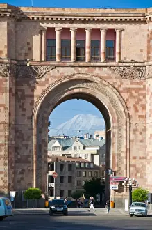 Central Asia Prints: Armenian architecture with view through arch of Mount Ararat in the distance