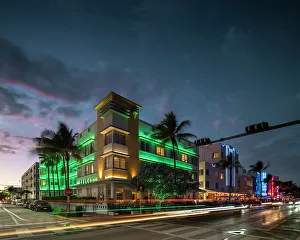 Light Trail Prints: Art deco architecture of Ocean Drive at night