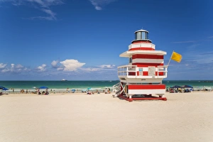 Stripe Prints: Art Deco style Lifeguard hut on South Beach, Ocean Drive, Miami Beach, Miami, Florida