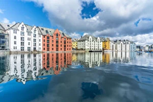 Rippled Gallery: Art Nouveau styled houses mirrored in Brosundet canal, Alesund, More og Romsdal county