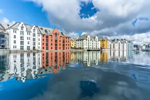 Art Nouveau styled houses mirrored in Brosundet canal, Alesund, More og Romsdal county