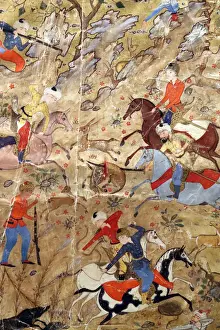 Kuala Lumpur Prints: Artistic ornamentation of manuscript of Princes hunting on horseback, Safavid Iran