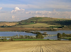 Flooding Prints: Arun Valley in food, with South Downs beyond, Bury, Sussex, England, United Kingdom