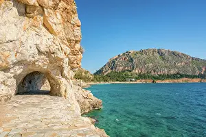 Nafplion Prints: Arvanitias beach in historic city of Nafplion with Palamidi fortress on top of the mountain