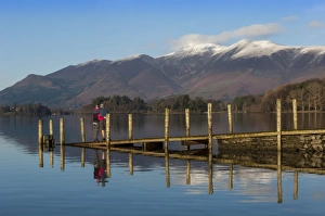 Enjoying Prints: Ashness Boat Landing, two walkers enjoy the Skiddaw Range