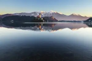 Pilgrimage Site Prints: The Assumption of Mary Pilgrimage Church on Lake Bled and Bled Castle, Bled, Slovenia