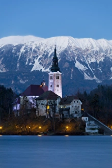 Pilgrimage Site Prints: The Assumption of Mary Pilgrimage Church on Lake Bled at Dusk, Bled, Slovenia, Europe