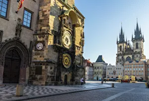 Clock Prints: Astronomical Clock and Old Town Hall with the Church of Our Lady Before Tyn beyond