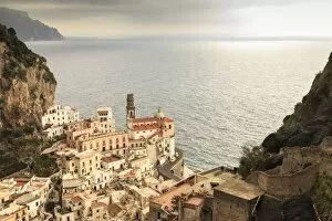 Foggy Gallery: Atrani, elevated view of church, coast road and misty sea, Amalfi Coast, UNESCO World Heritage Site