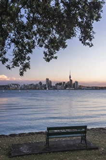 Seat Prints: Auckland skyline at night seen from Bayswater, Auckland, North Island, New Zealand
