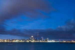 Auckland skyline at night seen from Devenport, Auckland, North Island, New Zealand