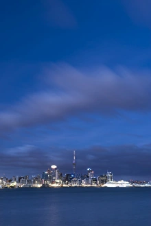 Auckland Prints: Auckland skyline at night seen from Devenport, Auckland, North Island, New Zealand