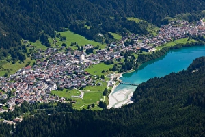 Auronzo village and lake in the Belluno Dolomites, Italy, Europe