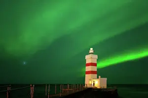 Phenomenon Prints: Aurora Borealis (Northern Lights) over Gardur Old Lighthouse, Gardur, Iceland
