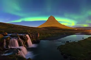 Glowing Prints: Aurora (Northern Lights) over a moonlit Kirkjufell Mountain, Snaefellsnes Peninsula