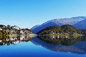St Moritz Prints: Autumn on the lakeside in St. Moritz, Engadine, Graubunden, Switzerland, Europe