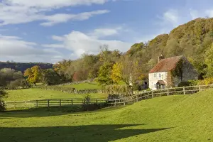 Farm House Prints: Autumn at Rievaulx Abbey village near Helmsley in North Yorkshire, Yorkshire, England