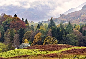 An autumn view of the scenic Langdale Valley, Lake District National Park, Cumbria
