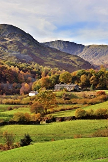 An autumn view of the scenic Langdale Valley, Lake District National Park, Cumbria