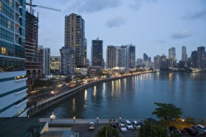 Crane Prints: Avenue Balboa city skyline at night, Panama City, Panama, Central America